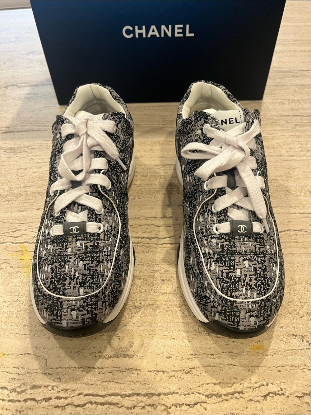 CHANEL Black/Grey/Lt Grey Tweed Lace-Up Sneakers